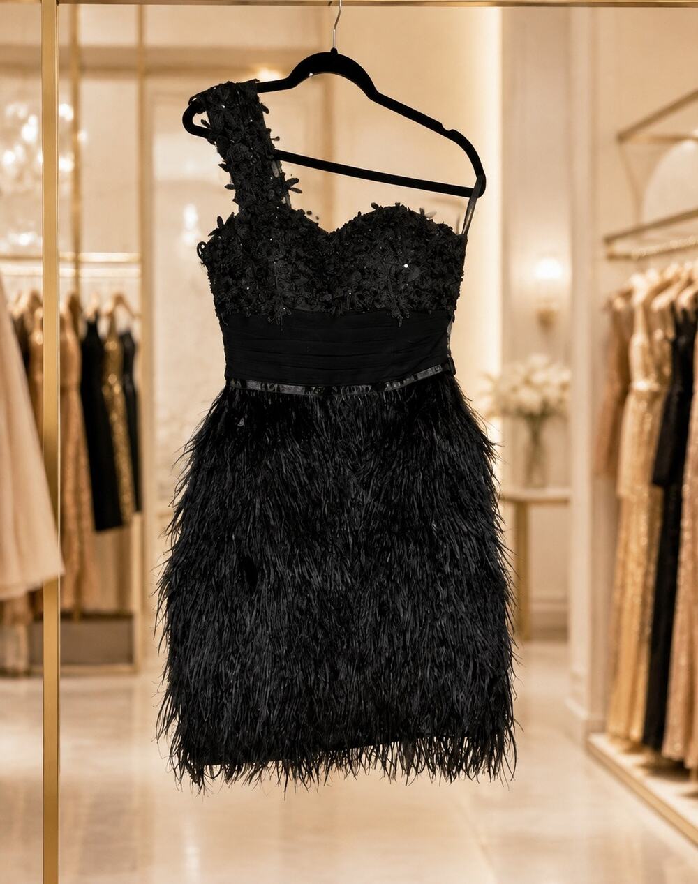 JJs House Black Feather Cocktail Dress One Shoulder Beaded Lace Size 6 NWT Prom